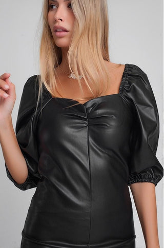 Q2 black puff sleeve faux leather mini dress