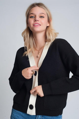 Q2 White Contrast Trim Black Knitted Cardigan