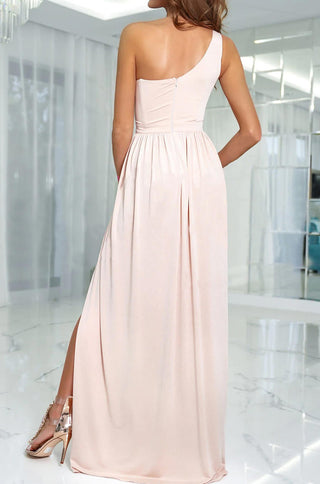 sleeveless ruched roman one shoulder maxi dress