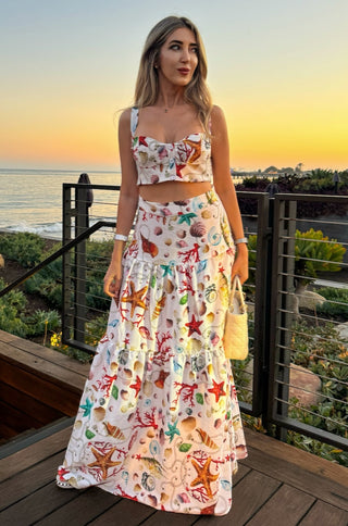 Seashell Printed Crop Top Maxi Skirt Set