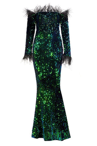 Selena Sequin Feather Maxi Dress