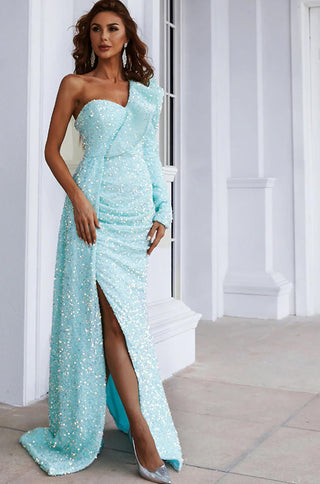 one sleeve sequin one shoulder maxi dress