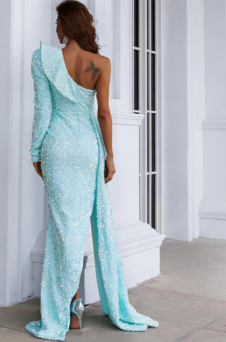 one sleeve sequin one shoulder maxi dress