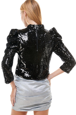 black sequin high neck long puff sleeve top