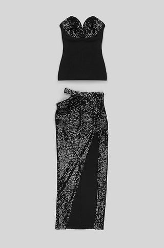 black Sequined Strapless Two-piece Gown