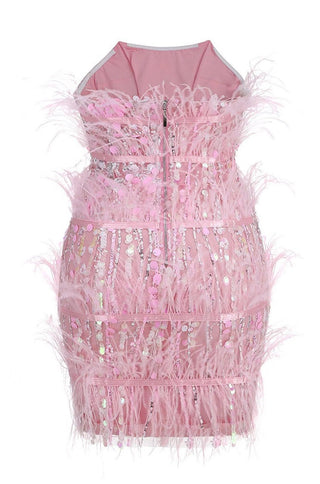 Shania Pink Sequin Feather Strapless Minidress