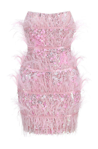 Shania Pink Sequin Feather Strapless Minidress