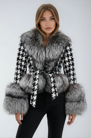 Sheri Fox Fur Houndstooth Tweed Belted Jacket