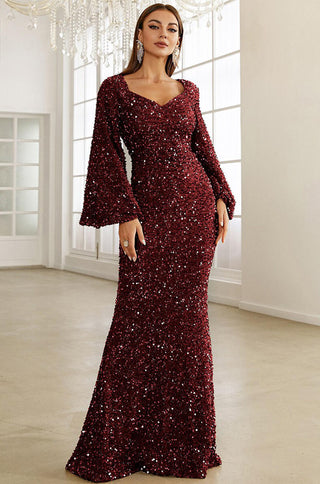 Long Balloon Sleeve Sweetheart Neckline Sequin Gown