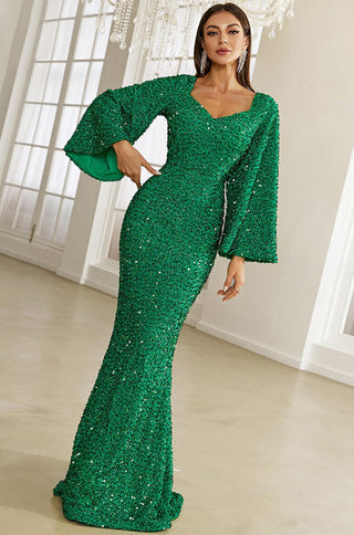 Long Balloon Sleeve Sweetheart Neckline Sequin Gown