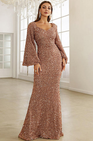 Long Balloon Sleeve Sweetheart Neckline Sequin Gown