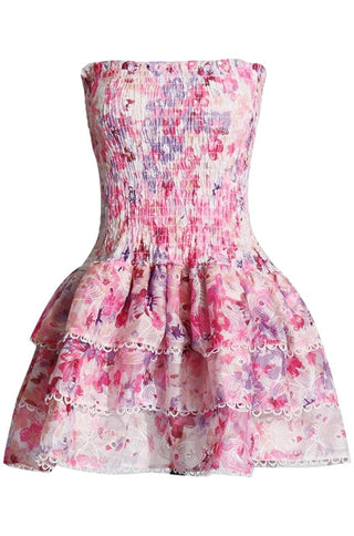 Shirred Strapless Floral Mini Dress