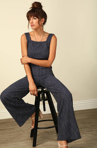 torri square neck exposed tying back wide leg jumpsuit