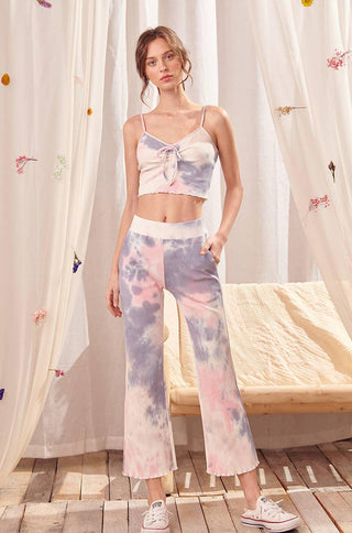 cotton tie-dye lettuce hem ankle crop pants