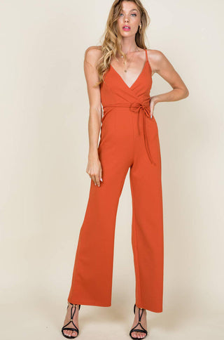 surplice neckline wide leg stretch knit cami jumpsuit