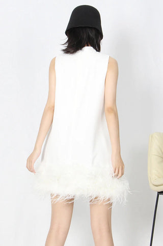 mock neck sleeveless feather trimmed hem A-line mini dress