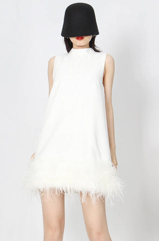 mock neck sleeveless feather trimmed hem A-line mini dress