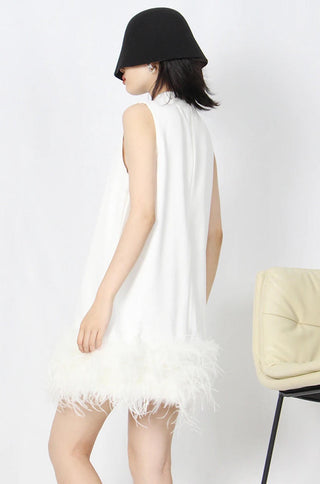 mock neck sleeveless feather trimmed hem A-line mini dress