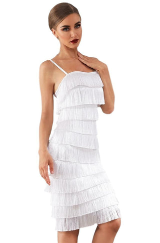 Strapless white fringe bodycon dress