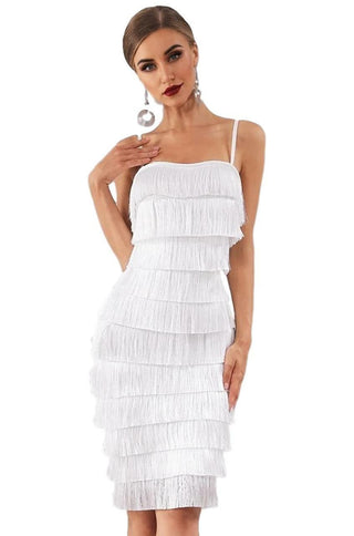 Strapless white fringe bodycon dress