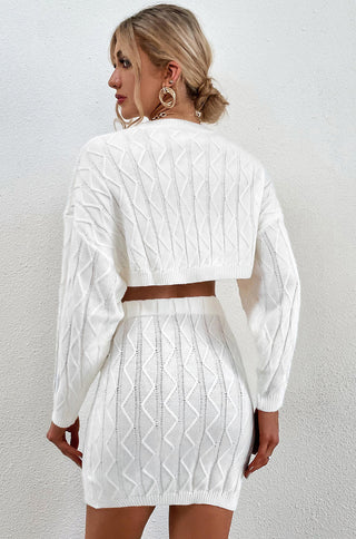 long sleeve high waist bodycon striped white knitted crop top skirt