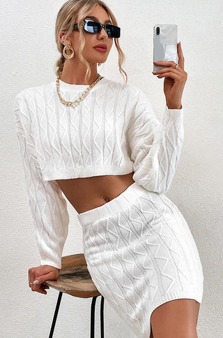 long sleeve high waist bodycon striped white knitted crop top skirt