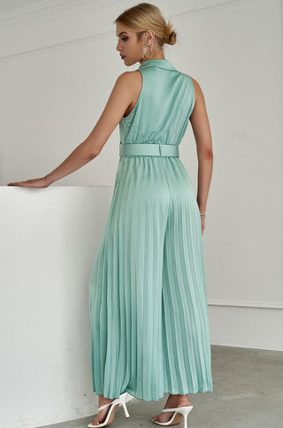 collared v-neck sleeveless wide-leg pleated jumpsuit