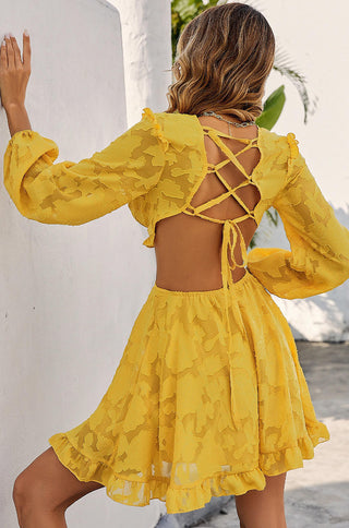 long sleeve v-neck criss-cross open back yellow lace-up skater dress