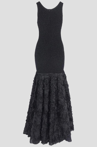 Full-length black glitter gown with floral hem – shopUNIQUES