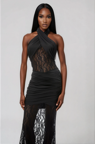 Alice Halter Neck Lace Maxi Dress – Black