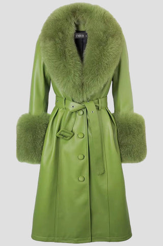 Zoie Fox Fur Collar Genuine Leather Trench Coat