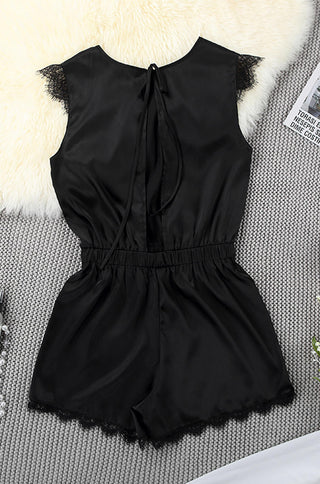 Black satin onesie nightie with open back and lace trim short sleeves.