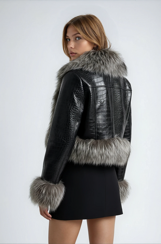 Back view of croc embossed leather crop jacket with raccoon fur trim