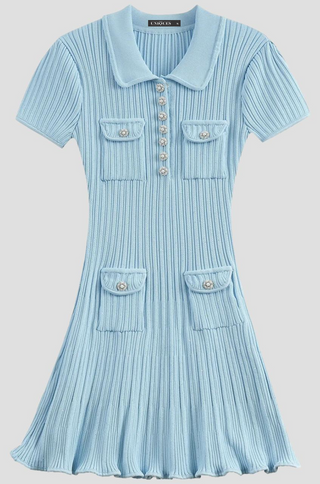 front view of blue embellished knit mini dress