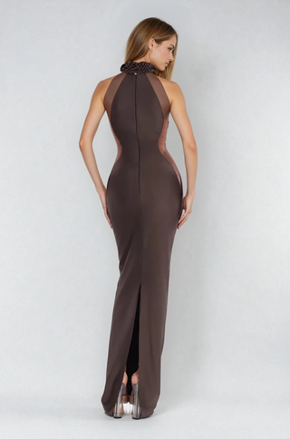 Back view of chocolate brown maxi gown with braided neckline and slit from shopUNIQUES