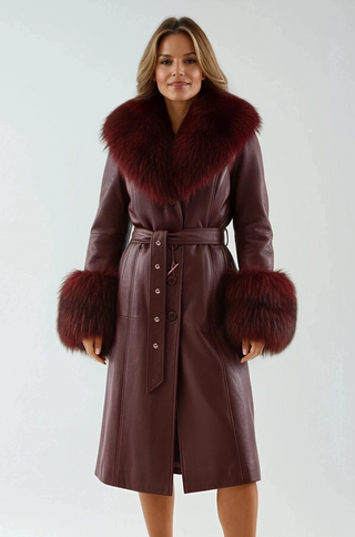 Zoie Fox Fur Collar Genuine Leather Trench Coat - Burgundy