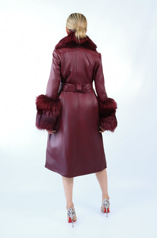 Zoie Fox Fur Collar Genuine Leather Trench Coat