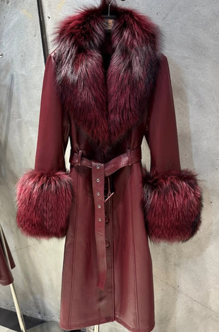 Zoie Fox Fur Collar Genuine Leather Trench Coat - Burgundy