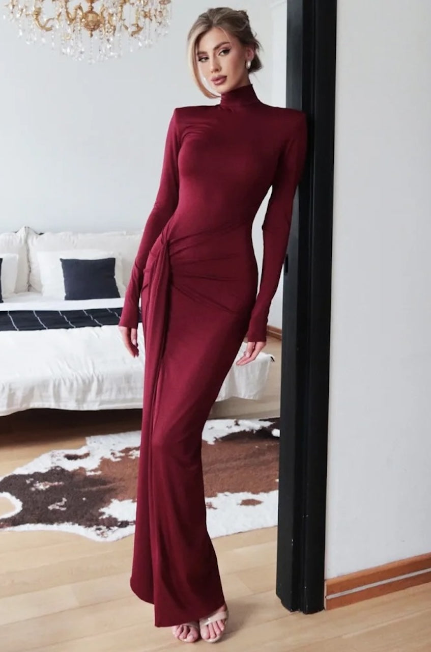 Petra High-Neck Long Sleeve Knot Maxi Dress Burgundy / S Petra High-Neck Long Sleeve Knot Maxi Dress Burgundy / S