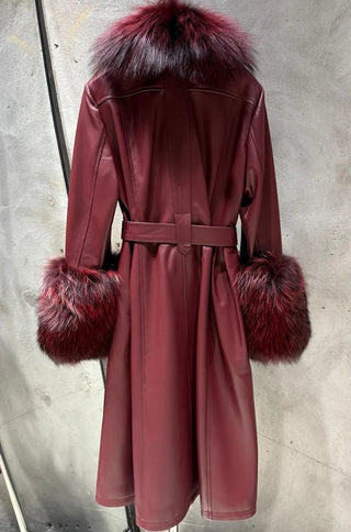 Zoie Fox Fur Collar Genuine Leather Trench Coat - Burgundy