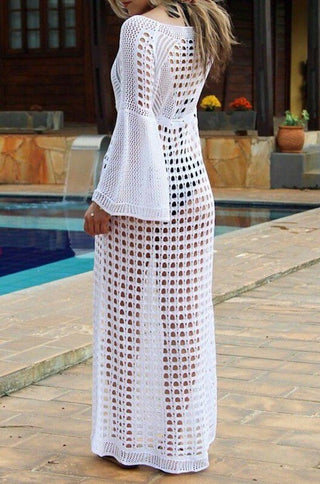 crewneck long sleeve side slit white crotchet maxi coverup