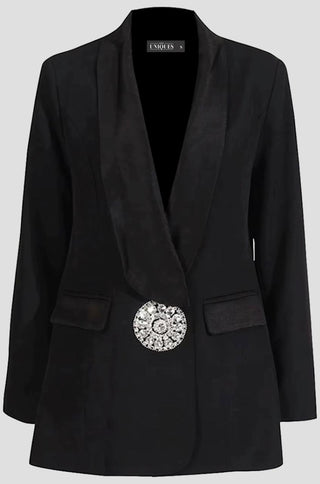Black satin collar blazer with oversized crystal button from shopUNIQUES