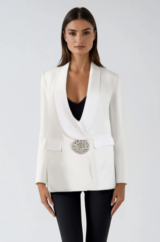 White blazer with satin collar and single crystal button closure from shopUNIQUES.com