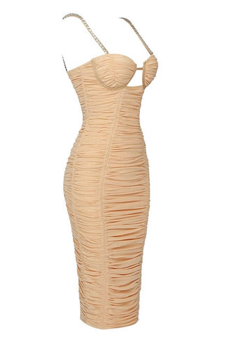 crystal embellished ruched midi bodycon dress