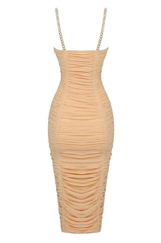 crystal embellished ruched midi bodycon dress