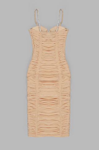 crystal embellished ruched midi bodycon dress