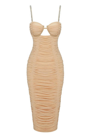 crystal embellished ruched midi bodycon dress