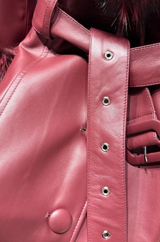 Zoie Fox Fur Collar Genuine Leather Trench Coat - Burgundy