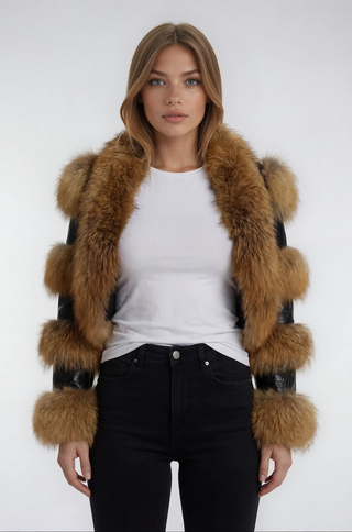 Della Fur Crop Leather Jacket in Glossy Black