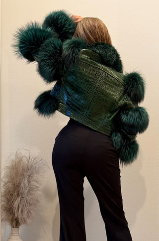 Della Fur Trim Crop Leather Jacket in Emerald Green